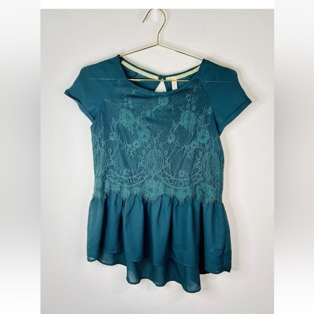 Xhilaration Women's Teal Lace Peplum Top Small Keyhole Back Chic Holiday Career